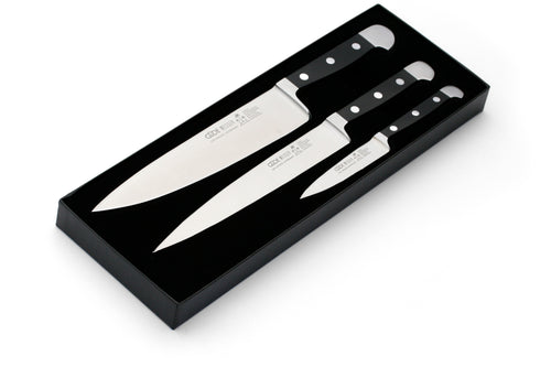 Güde Messer-Set im Geschenkkarton, geschmiedet, Serie Alpha, Doppelkropf, 3-teilig, Griff POM schwarz