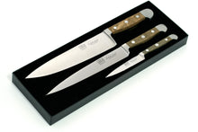 Güde Messer-Set im Geschenkkarton, geschmiedet, Serie Alpha, Doppelkropf, 3-teilig, Griff Fasseiche
