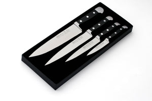 Güde Messer-Set im Geschenkkarton, geschmiedet, Serie Alpha, Doppelkropf, 4-teilig, Griff POM schwarz