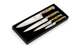 Güde Messer-Set im Geschenkkarton, geschmiedet, Serie Alpha, Doppelkropf, 4-teilig, Griff Olivenholz